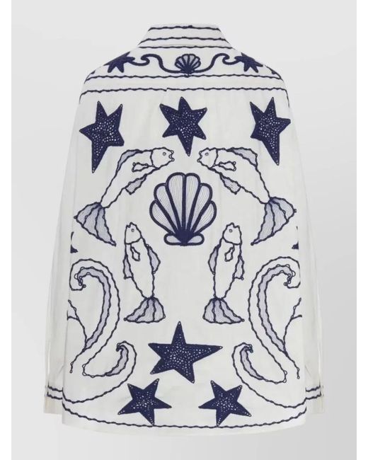 Farm Rio Blue Fish Shell Star Embroidered Long Sleeve Shirt