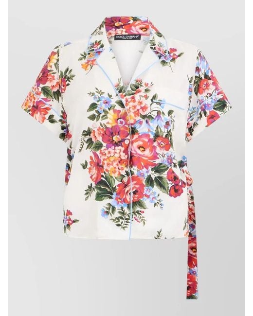 Dolce & Gabbana White Silk Shirt Floral Print Side Knot