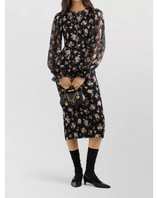 Dolce & Gabbana Black Silk Floral-Print Long-Sleeve Midi Dress