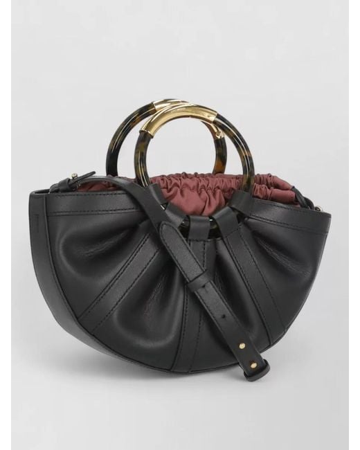 Coccinelle Black Leather Bucket Bag Pleated Tortoiseshell Handles