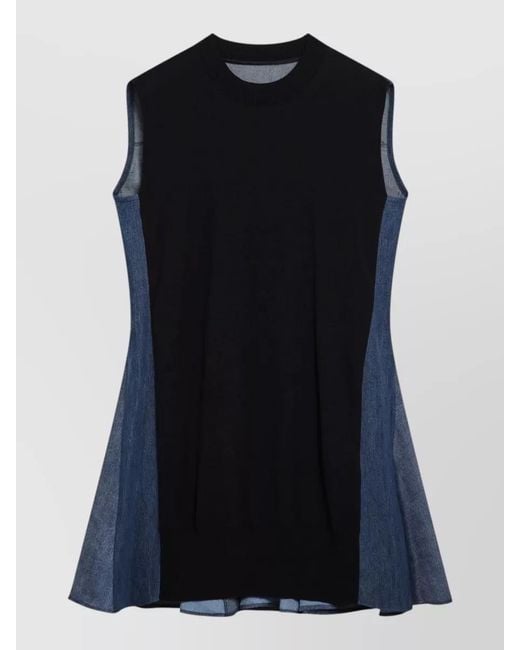 Sacai Black Dress Contrast Panels Pleated Skirt Ribbed Neckline