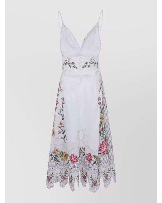 Farm Rio White Floral Embroidered Midi Dress V Neck