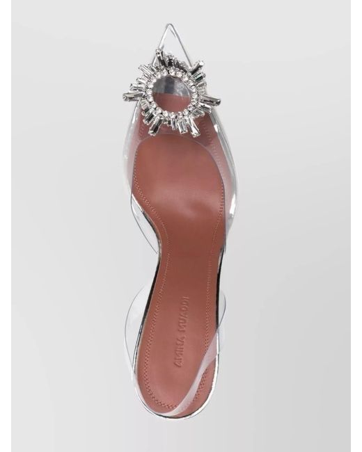 AMINA MUADDI White Sculpted Heel Slingback Pumps With Crystal Embellishment
