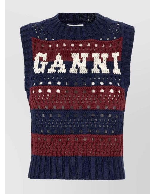 Ganni Blue Knitwear Crew Neck Sleeveless Open Knit