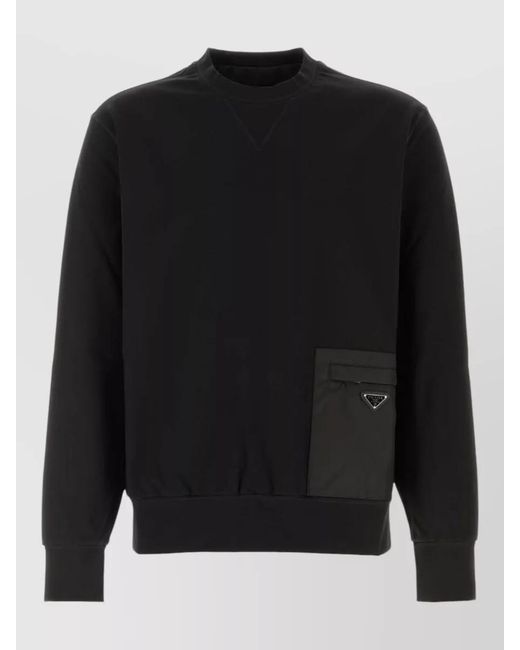 Prada Black Stretch Jersey Sweatshirt Crew Neck Pocket for men