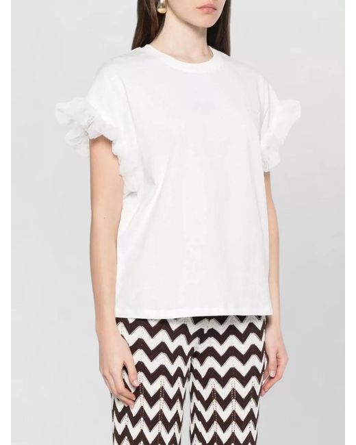 Twinset White Silk Blend Top Crew Neck Ruffle Sleeves