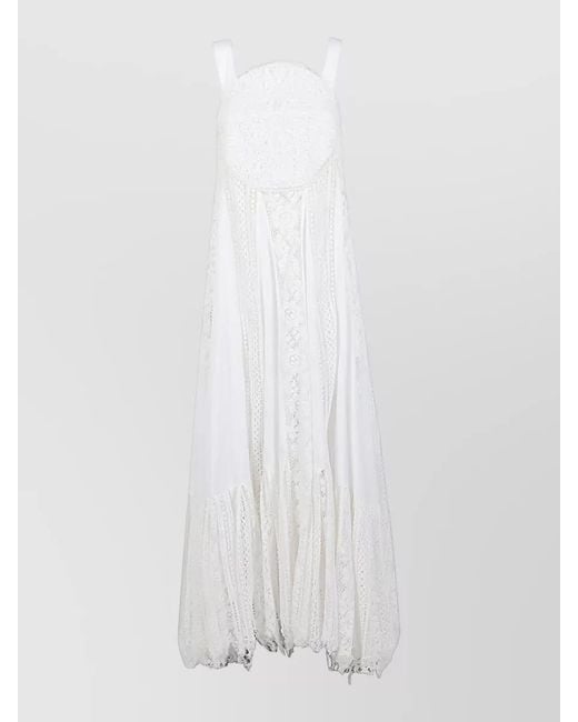 Loewe White Long Cotton Dress Lace Bodice Maxi