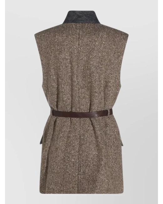 Brunello Cucinelli Brown Tailored Sleeveless Mid Length Herringbone Coat