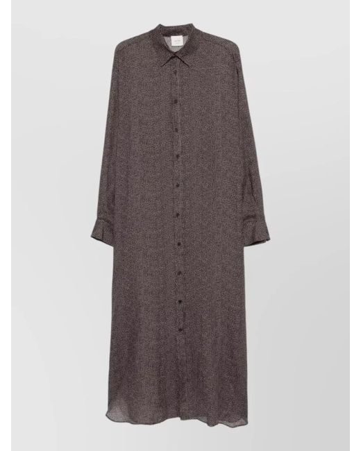 Alysi Brown Patterned Long Sleeve Ramie Shirt Dress