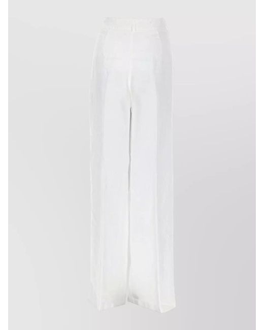 120% Lino White Linen Pants High Waist Wide Leg Belt Loops