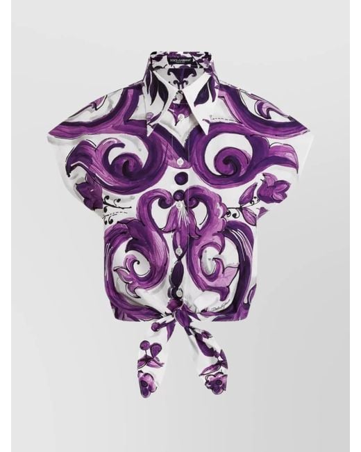Dolce & Gabbana Purple Short Sleeve Shirt With Collar And Print