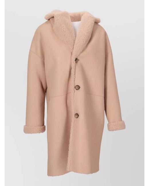 LA ROSE Natural Short Shearling Coat Folded Cuffs Oversized Collar