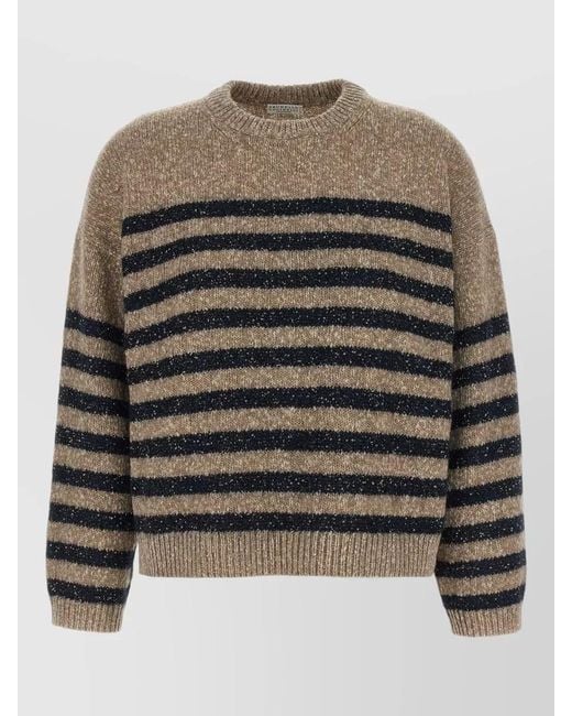 Brunello Cucinelli Gray Striped Sequin Knit Crew Neck Sweater