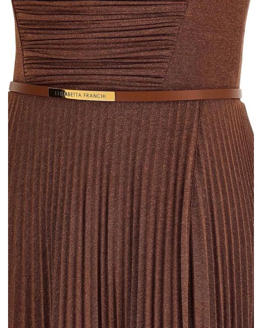 Elisabetta Franchi Brown Laminated Bustier Pleated Maxi Dress