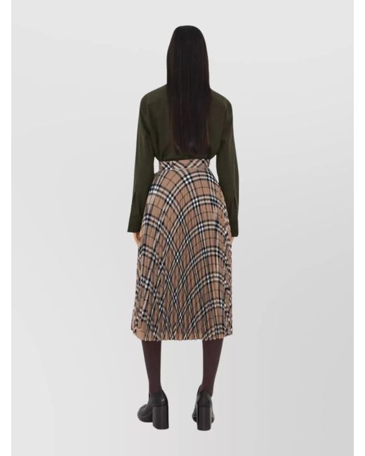 Burberry Brown Pleated Warped Check Midi Skirt