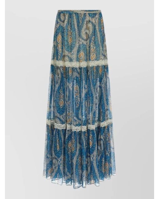 Etro Blue Silk Printed Lace Insert Maxi Skirt