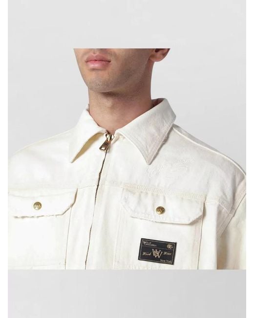Willy Chavarria White Collared Coat Embroidered Detail Patch Pockets for men