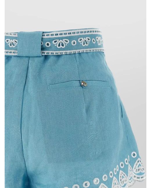 Farm Rio Blue Richelieu Shorts Belted Waist Embroidered Pleated