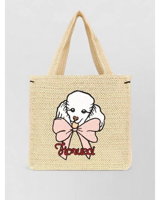 Fiorucci Natural Tote Bag Woven Texture Dog Motif Bow