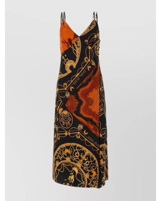 MARINE SERRE Brown Silk Graphic Print Patchwork Sleeveless V-Neck Asymmetric Hem Midi Dress