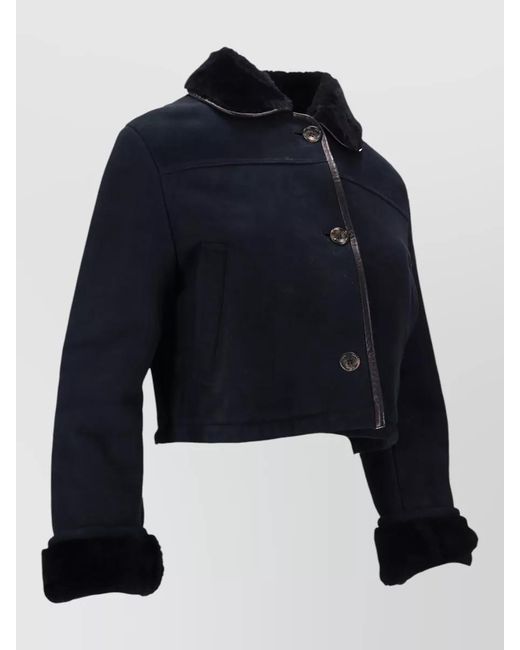LA ROSE Blue Shearling Leather Cropped Jacket Furry Collar