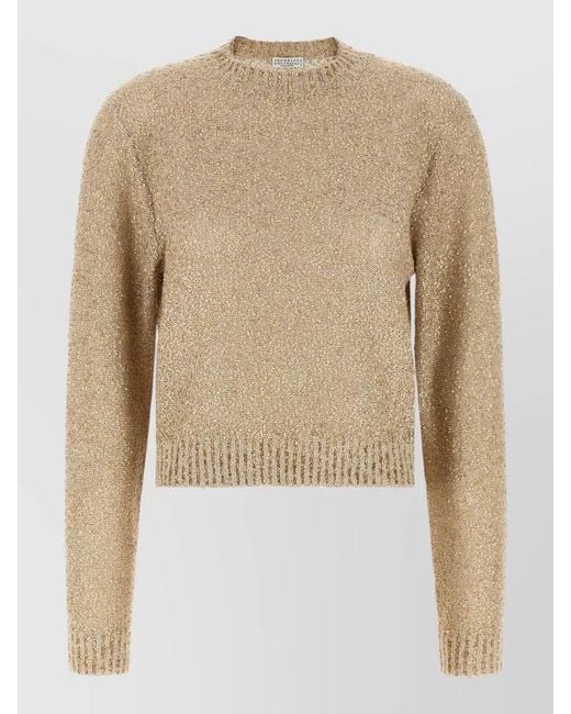 Brunello Cucinelli Natural Sequined Ribbed Long-Sleeve Sweater