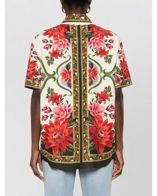 Farm Rio Red Short Sleeve Top Contrast Trim Flowers