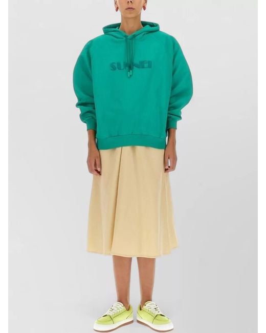 Sunnei Green Hooded Sweatshirt Logo Detail Ribbed Trims