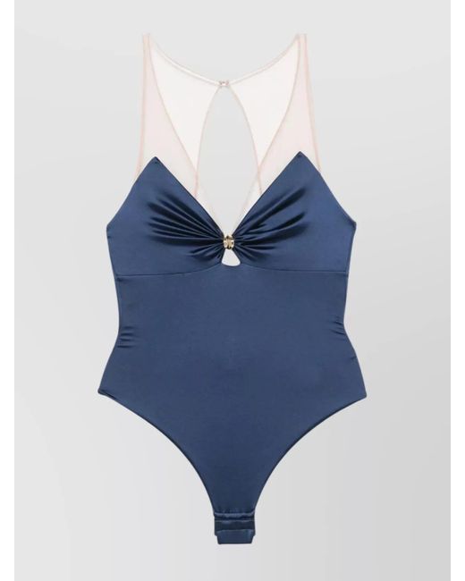 Elisabetta Franchi Blue Sheer Back Ruched Bodysuit With Ring Embellishment