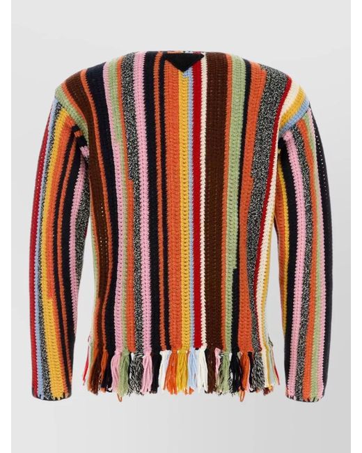 Prada Red Wool And Cashmere Striped Fringe Boat Neck Sweater for men