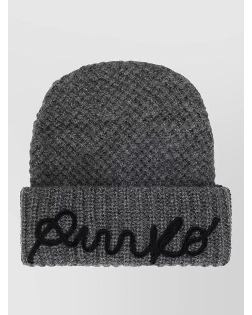 Pinko Gray Beanie Hat Embroidered Logo Folded Cuff