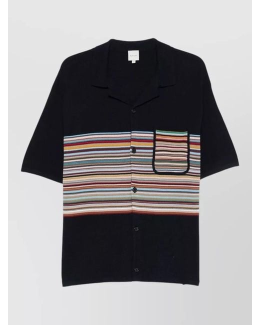 Paul Smith Blue Striped Knit Camp Collar Short Sleeve Shirt for men