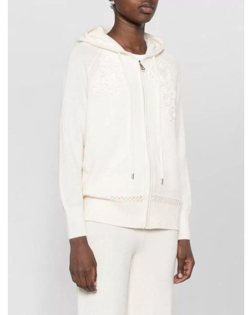 ERMANNO FIRENZE Natural Hoodie Drawstring Hood Floral Embroidery Trim
