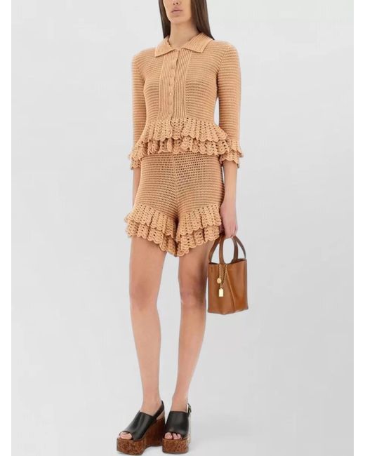 Chloé Natural Crochet Knit Mini Shorts Elastic Waistband