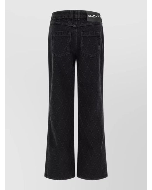 Balmain Black High Waist Quilted Wide Leg Denim Jeans