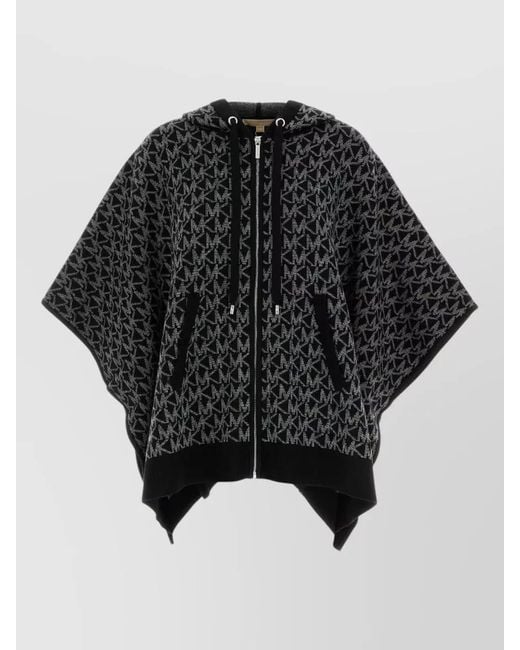Michael Kors Black Hooded Wool Blend Poncho Patterned Pockets