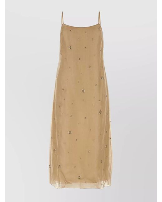 Prada Natural Organza Dress With Spaghetti Straps And Sequin Embellishments