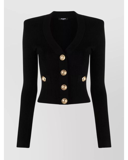 Balmain Black Cropped Ribbed Knit Cardigan With Structured Shoulders