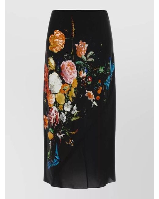 Dries Van Noten Black Satin Skirt Floral Print Midi Length Slit