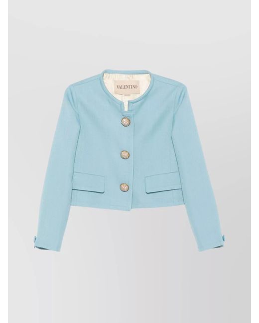 Valentino Blue Cropped Collarless Jacket Decorative Buttons
