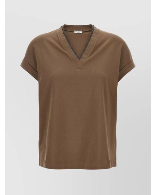 Brunello Cucinelli Brown Rolled Cuffs V-Neck Short Sleeve Top