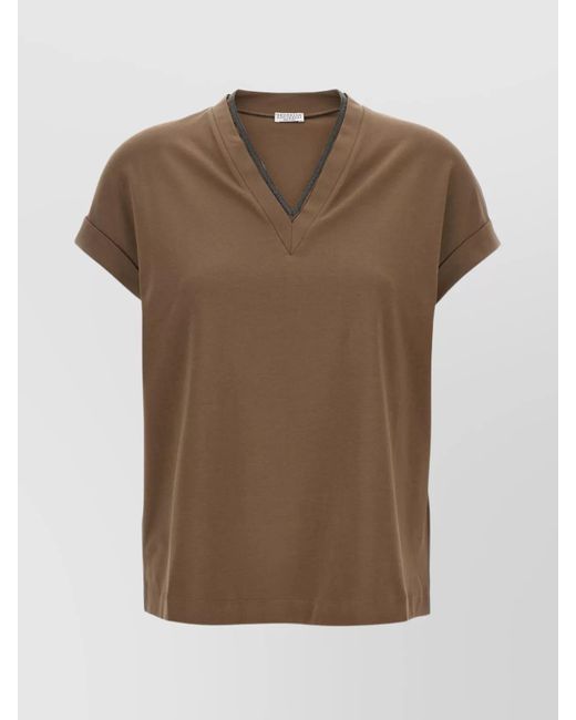 Brunello Cucinelli Brown Rolled Cuffs V-Neck Short Sleeve Top
