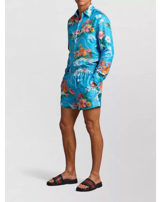 Gucci Blue Silk Printed Swimming Trunks for men