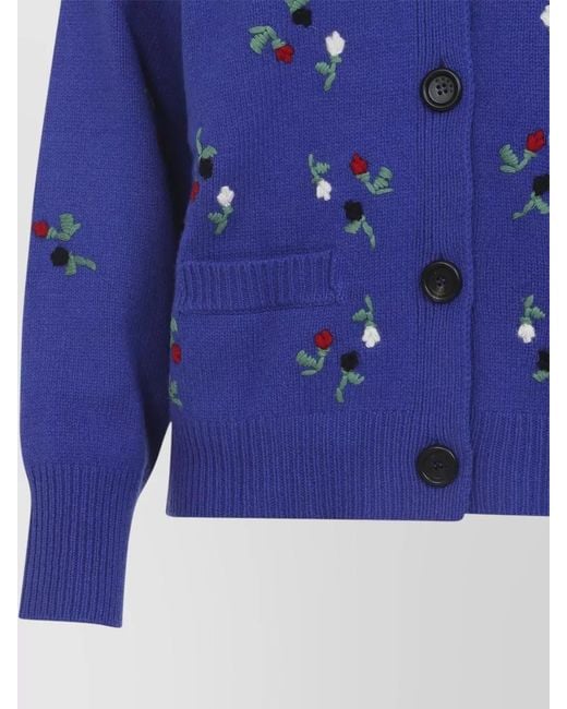 Marni Blue Cashmere Wool Floral Embroidered V-Neck Cardigan