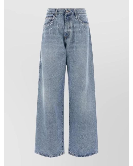 GIUSEPPE DI MORABITO Blue Crystal Denim Trousers Wide Leg Design
