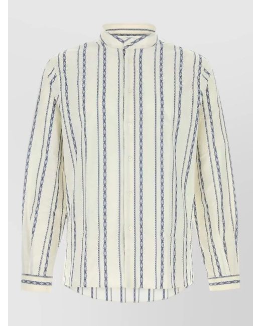 Brunello Cucinelli Natural Embroidered Stretch Cotton Shirt Striped Collar for men
