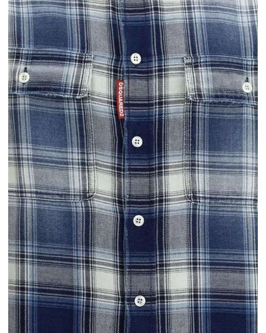DSquared² Blue Cotton Checked Flannel Shirt for men