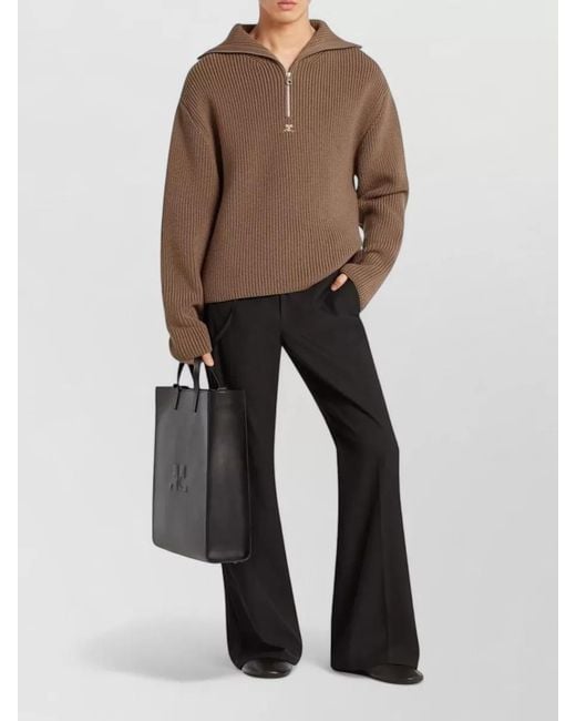 Courreges Brown Ribbed Merino Wool Half-Zip Funnel-Neck Sweater for men