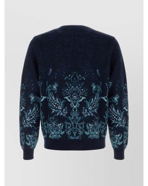 Etro Blue Wool Floral Jacquard Crewneck Sweater for men