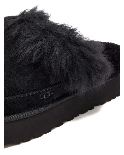 Ugg Black Fur Trim Platform Sole Flat Slippers